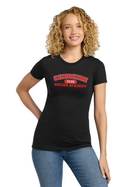 Person wearing a black t-shirt with 'Cheshire Road Soccer Academy' text on a white background. Paper Street Print Co, Blairstown, NJ.