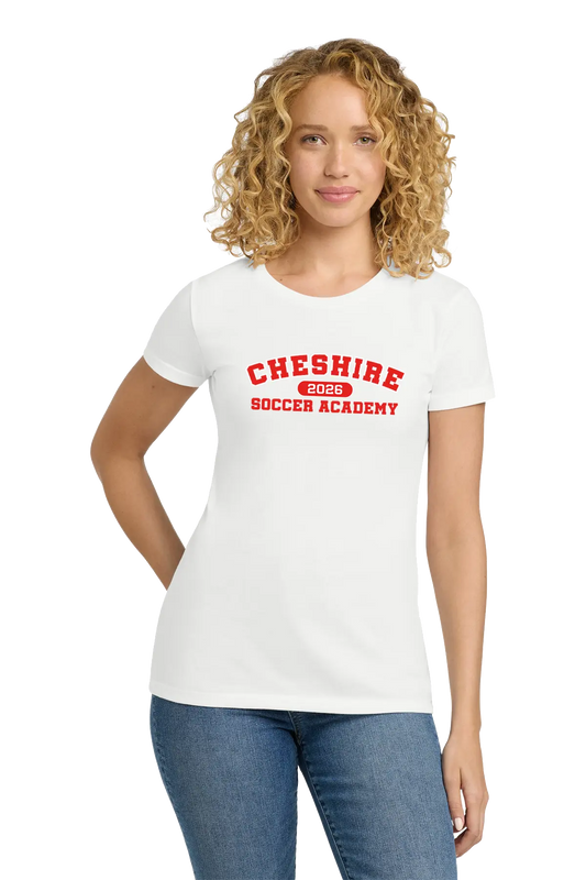 Woman wearing a white t-shirt with 'Cheshire Soccer Academy' text on a white background. Paper Street Print Co, Blairstown, NJ.