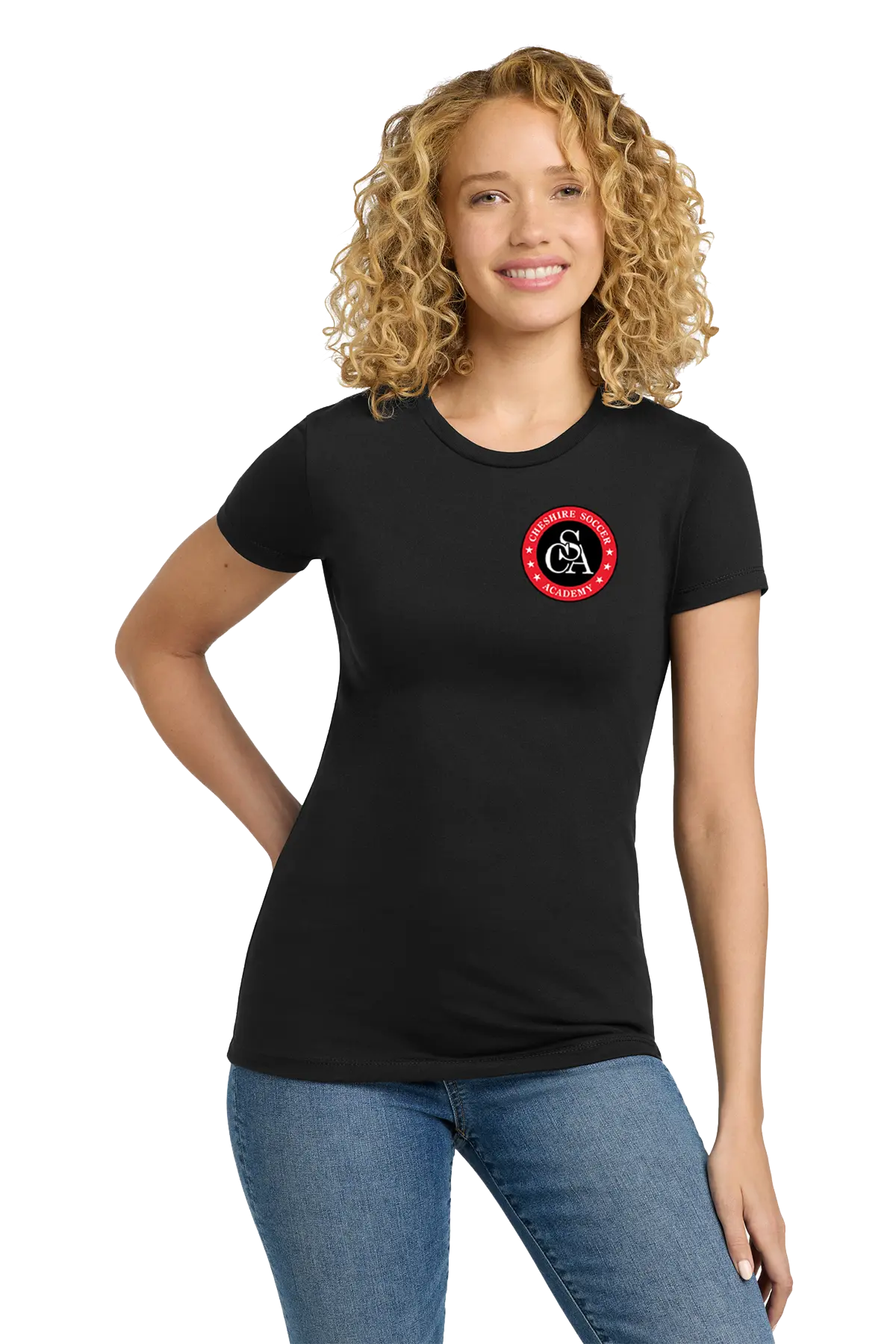 Person wearing a black t-shirt with a red logo on a white background. Paper Street Print Co, Blairstown, NJ.