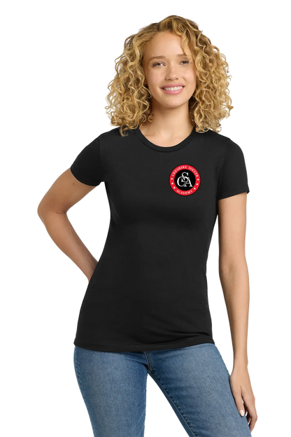 Person wearing a black t-shirt with a red logo on a white background. Paper Street Print Co, Blairstown, NJ.