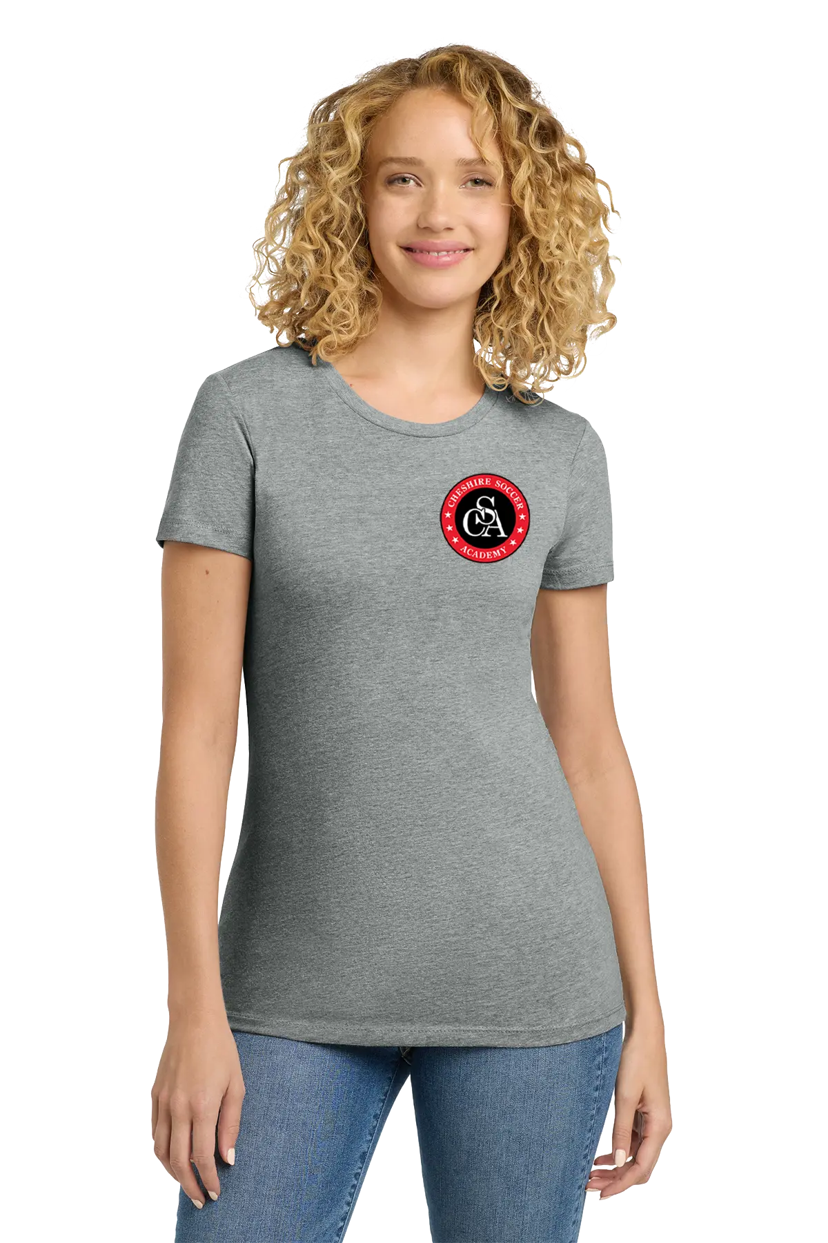Woman wearing a gray t-shirt with a logo on a white background. Paper Street Print Co, Blairstown, NJ.