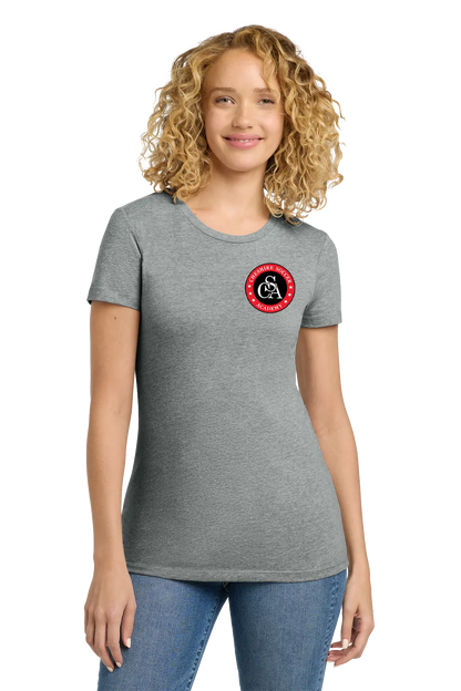 Woman wearing a gray t-shirt with a logo on a white background. Paper Street Print Co, Blairstown, NJ.