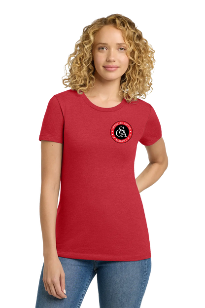 Woman wearing a red t-shirt with a logo on a white background. Paper Street Print Co, Blairstown, NJ.