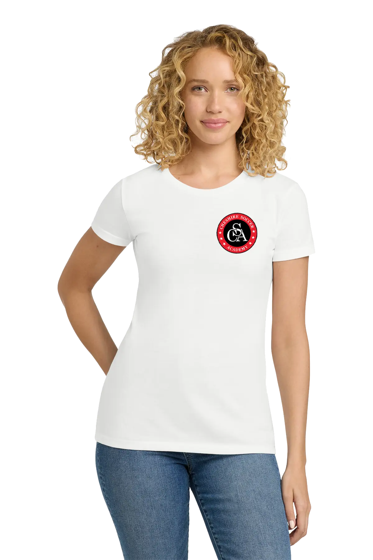 Woman wearing a white t-shirt with a red and black logo on a white background. Paper Street Print Co, Blairstown, NJ.
