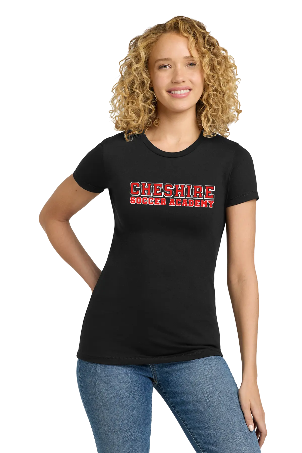 Person wearing a black t-shirt with 'Cheshire Soccer Academy' text on a white background. Paper Street Print Co, Blairstown, NJ.