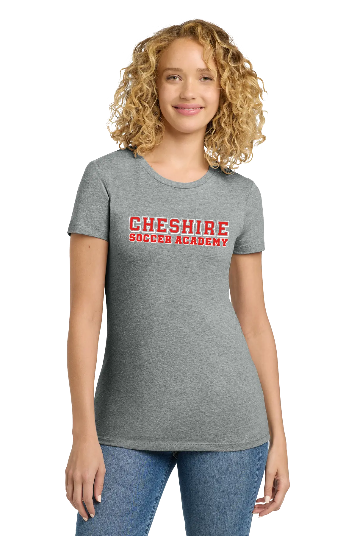 Woman wearing a gray t-shirt with 'Cheshire Soccer Academy' text on a white background. Paper Street Print Co, Blairstown, NJ.