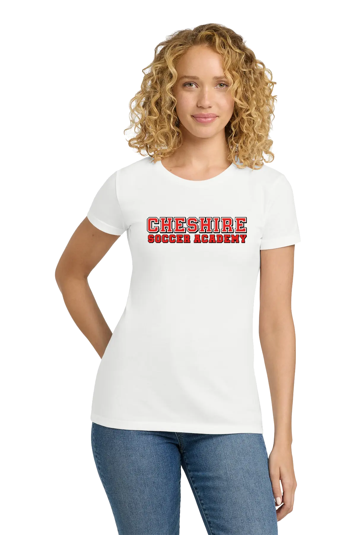Woman wearing a white t-shirt with 'Cheshire Soccer Academy' text on a white background. Paper Street Print Co, Blairstown, NJ.