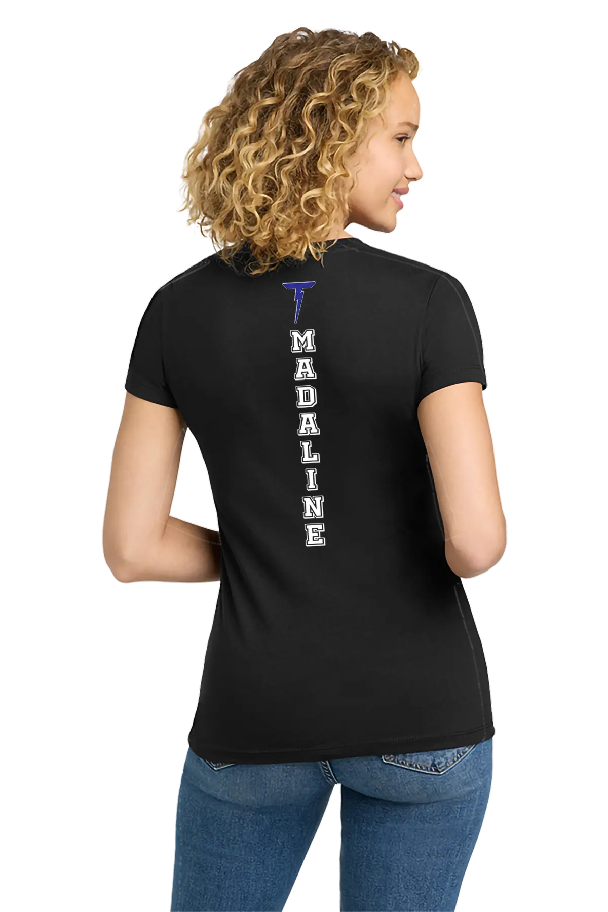 Woman wearing a black t-shirt with 'Madaline' printed on the back, on a white background. Paper Street Print Co, Blairstown, NJ.