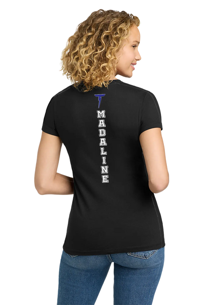 Woman wearing a black t-shirt with 'Madaline' printed on the back, on a white background. Paper Street Print Co, Blairstown, NJ.