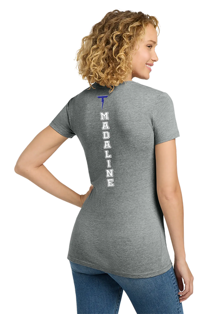Woman wearing a gray t-shirt with 'Madaline' printed on the back, on a white background. Paper Street Print Co, Blairstown, NJ.
