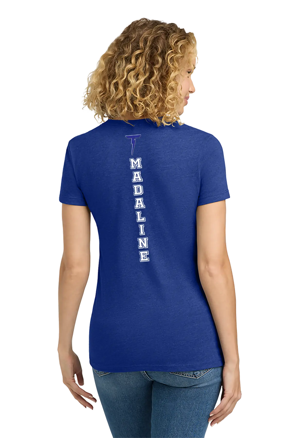 Person wearing a blue t-shirt with 'T' and 'MADALINE' printed on the back, on a white background. Paper Street Print Co, Blairstown, NJ.