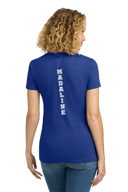 Person wearing a blue t-shirt with 'T' and 'MADALINE' printed on the back, on a white background. Paper Street Print Co, Blairstown, NJ.