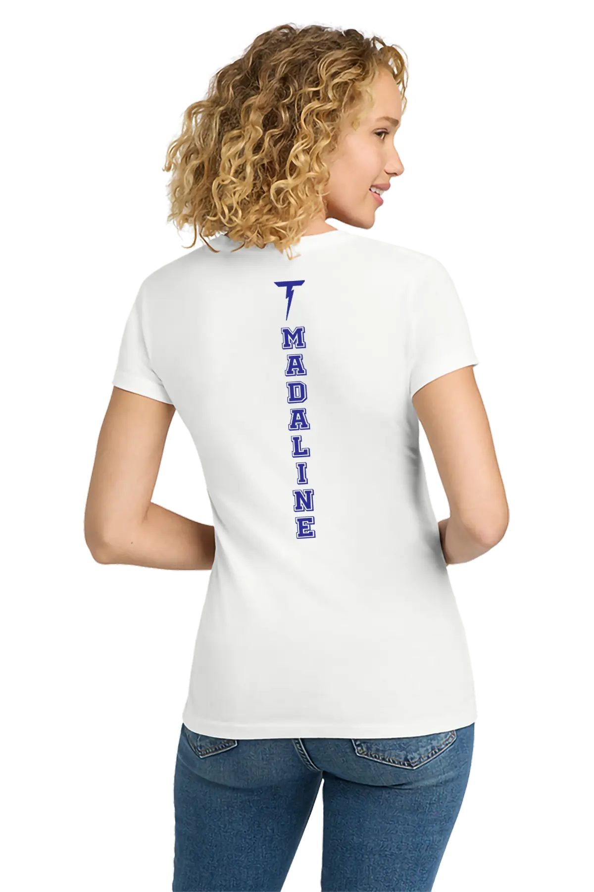 Woman wearing a white t-shirt with 'MADALINE' printed vertically on the back against a white background. Paper Street Print Co, Blairstown, NJ.
