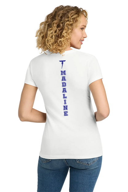 Woman wearing a white t-shirt with 'MADALINE' printed vertically on the back against a white background. Paper Street Print Co, Blairstown, NJ.