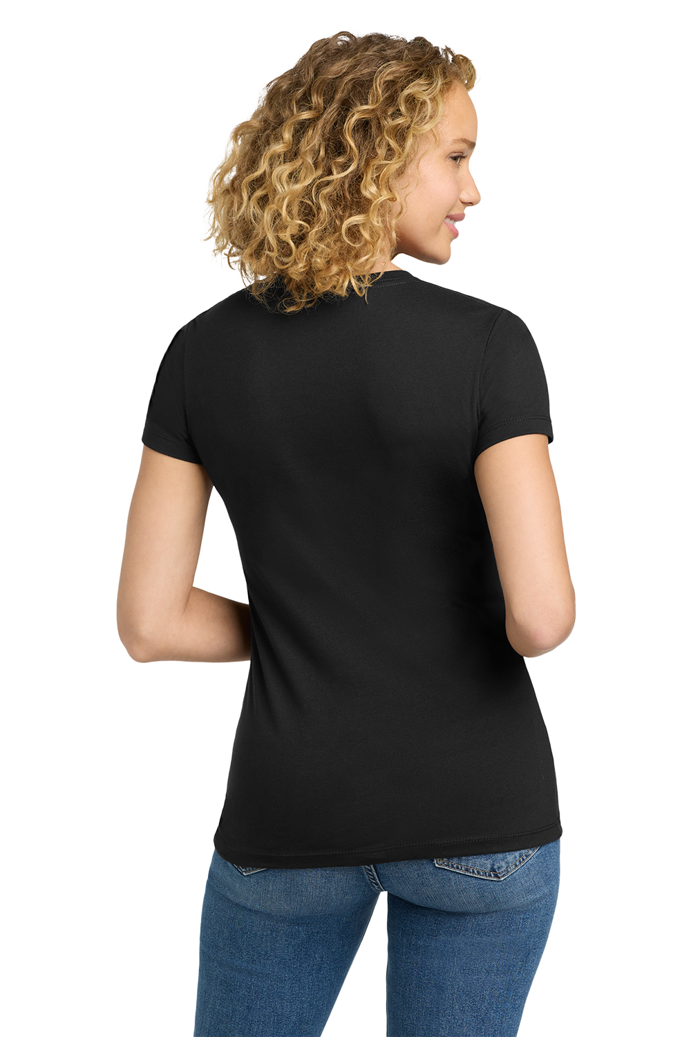 A woman with curly blonde hair is shown from the back wearing a plain black short-sleeve t-shirt and blue jeans against a white background. Belvidere Lady Seaters Basketball, Paper Street Print Co, Blairstown, NJ.