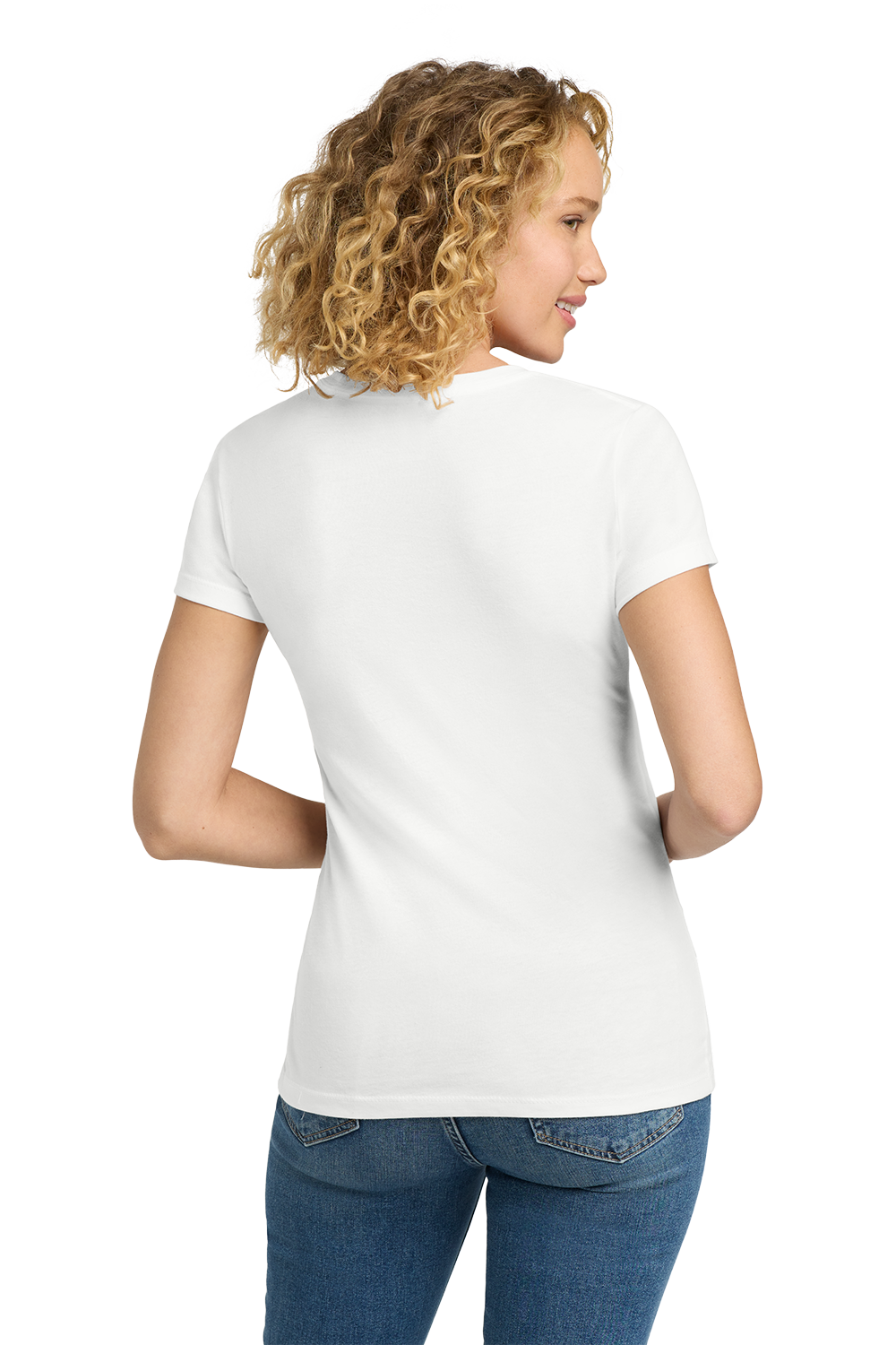 Woman wearing a white t-shirt and blue jeans on a white background. Belvidere Lady Seaters Basketball, Paper Street Print Co, Blairstown, NJ.