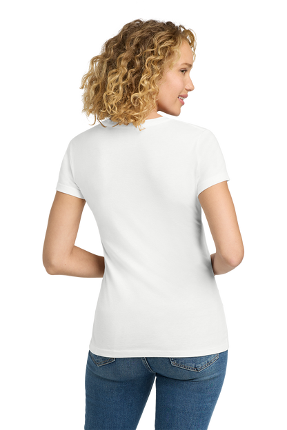 Woman wearing a white t-shirt and blue jeans on a white background. Belvidere Lady Seaters Basketball, Paper Street Print Co, Blairstown, NJ.
