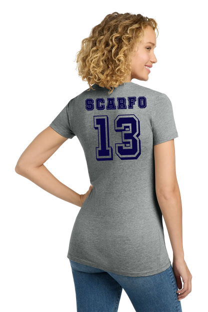 Woman wearing a gray t-shirt with 'SCARFO 13' printed on the back. Paper Street Print Co, Blairstown, NJ.