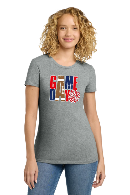 Woman wearing a gray t-shirt with 'GAMEDAY' design on a white background. Paper Street Print Co, Blairstown, NJ.