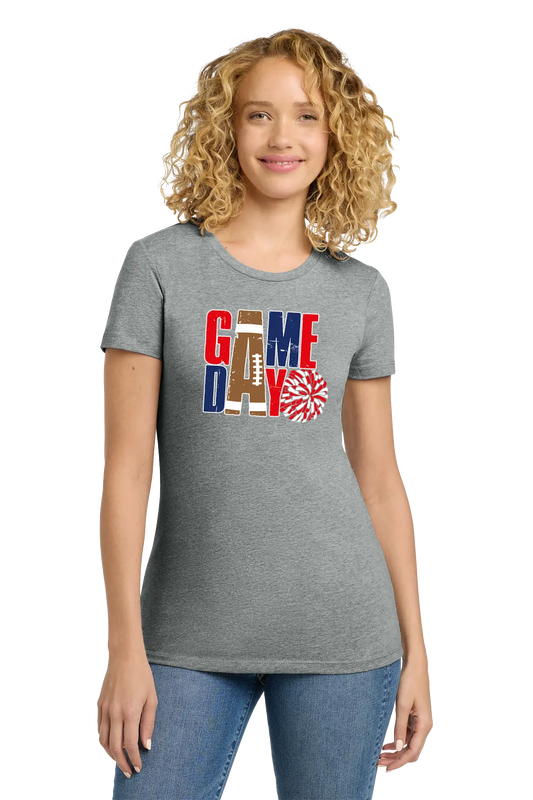 Woman wearing a gray t-shirt with 'GAMEDAY' design on a white background. Paper Street Print Co, Blairstown, NJ.