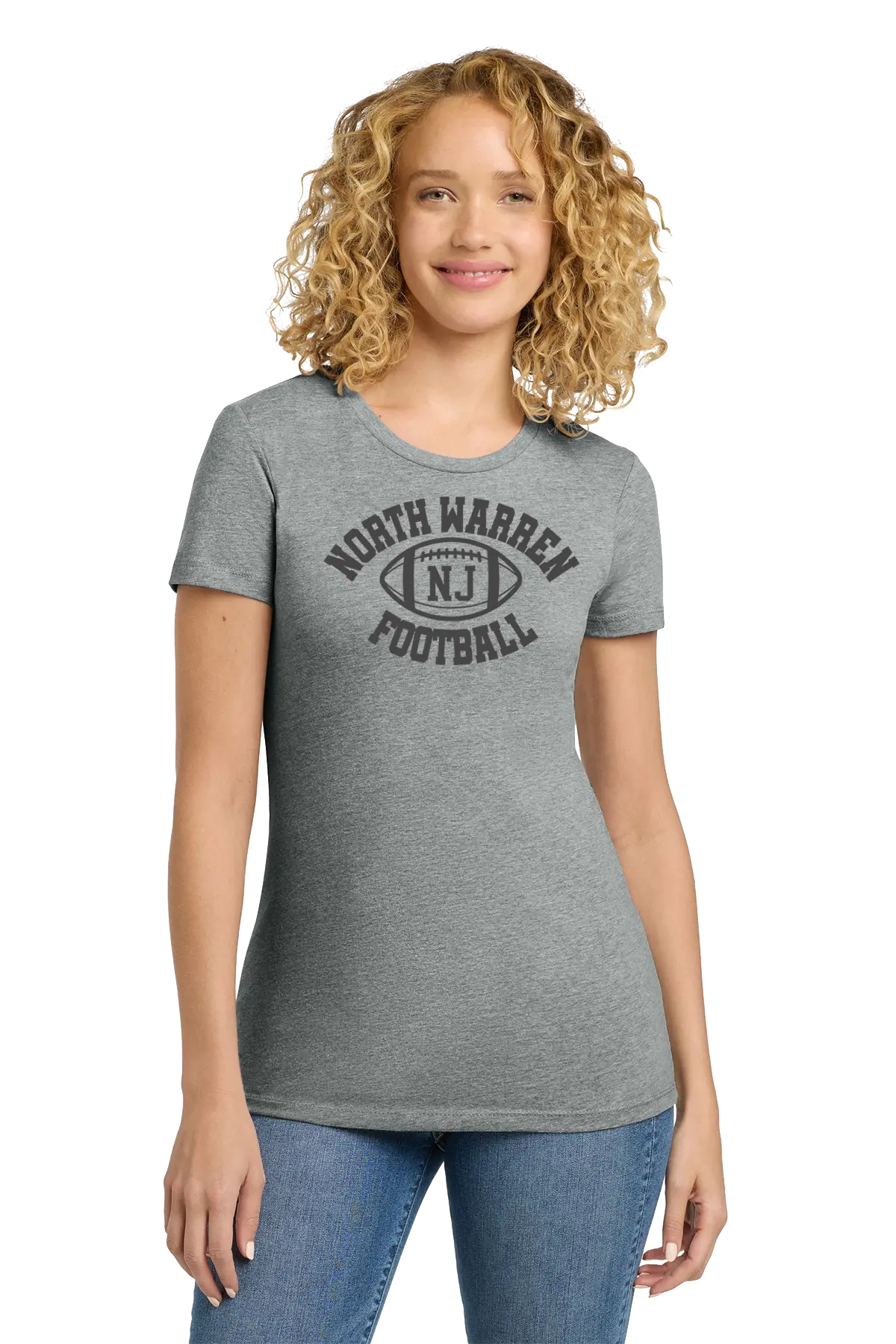 Woman wearing a gray t-shirt with 'North Warren NJ Football' text on a white background. Paper Street Print Co, Blairstown, NJ.