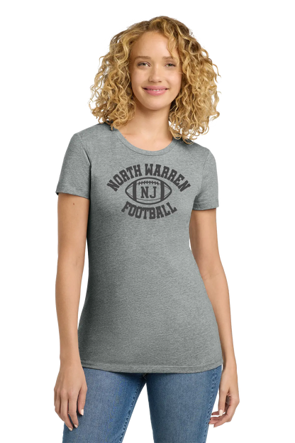Woman wearing a gray t-shirt with 'North Warren NJ Football' text on a white background. Paper Street Print Co, Blairstown, NJ.