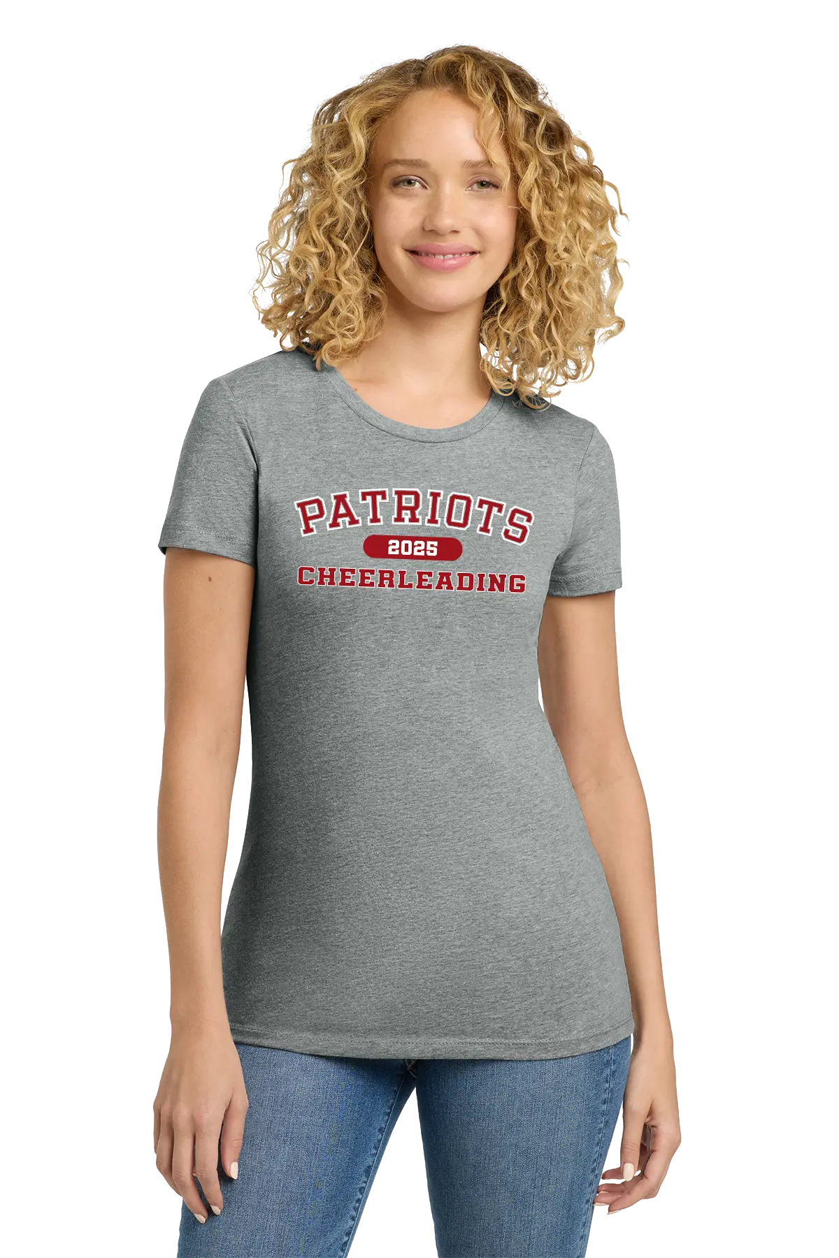 Woman wearing a gray t-shirt with 'Patriots Cheerleading' text on a white background. Paper Street Print Co, Blairstown, NJ.