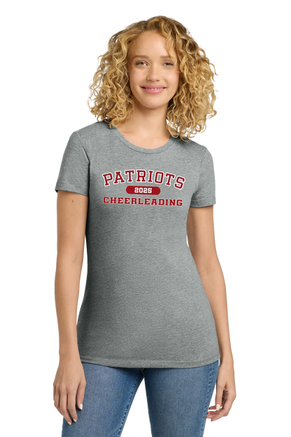 Woman wearing a gray t-shirt with 'Patriots Cheerleading' text on a white background. Paper Street Print Co, Blairstown, NJ.