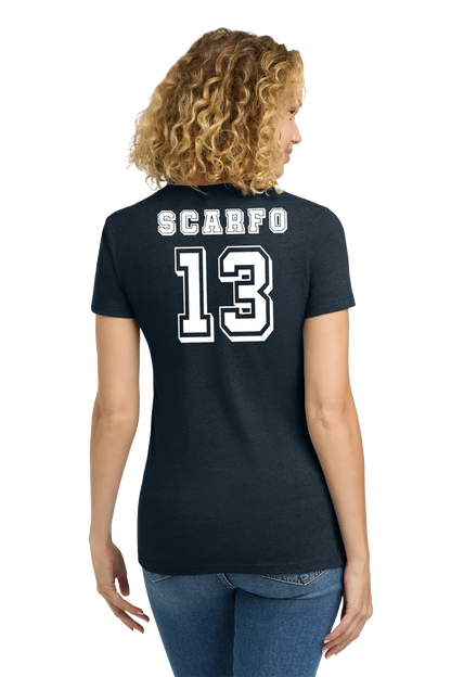 Person wearing a black t-shirt with 'Scarfo' and number '13' on the back. Paper Street Print Co, Blairstown, NJ.