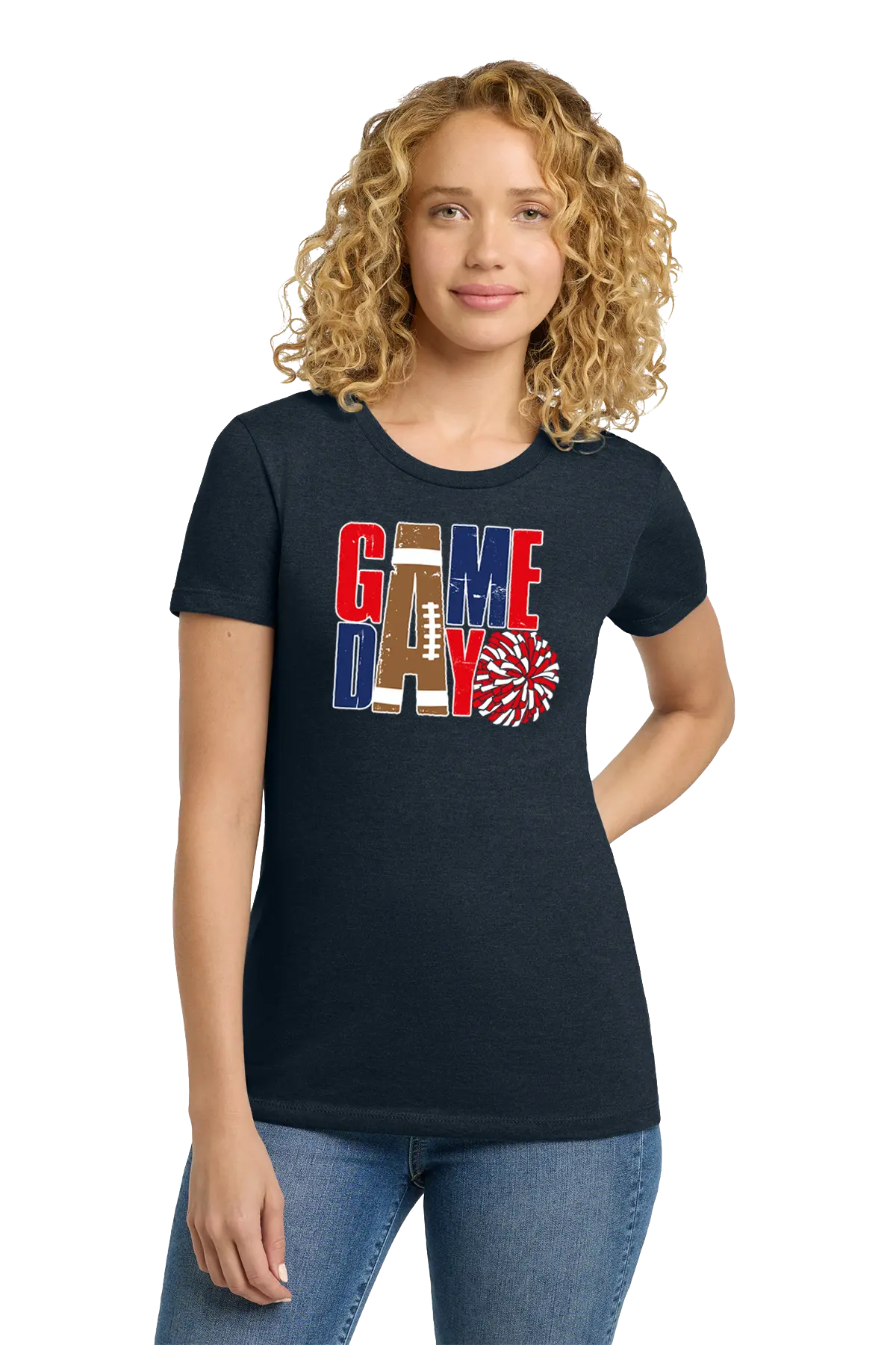 Woman wearing a black t-shirt with 'GAMEDAY' design on a white background. Paper Street Print Co, Blairstown, NJ.