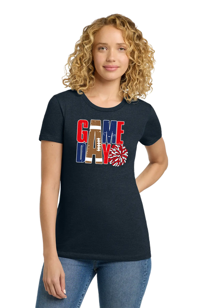Woman wearing a black t-shirt with 'GAMEDAY' design on a white background. Paper Street Print Co, Blairstown, NJ.
