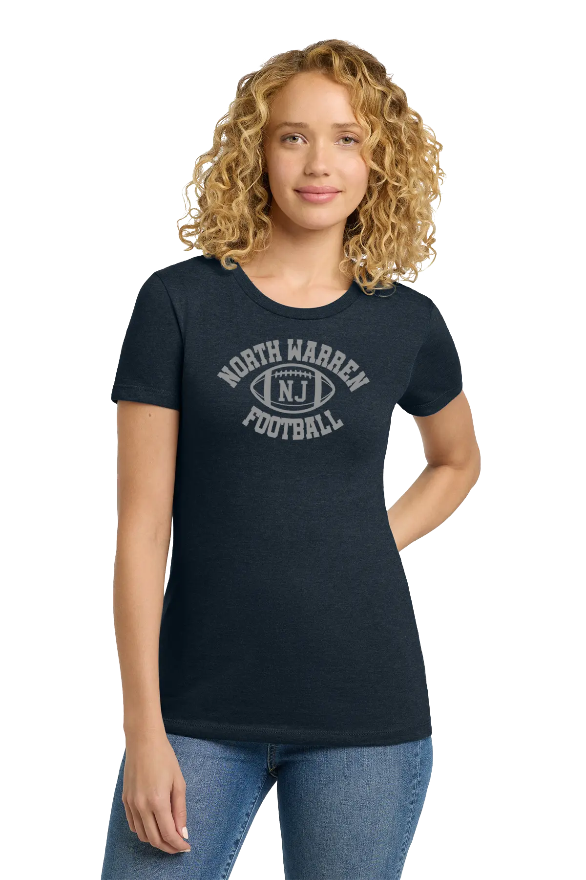 Woman wearing a black t-shirt with 'North Warren NJ Football' text on a white background. Paper Street Print Co, Blairstown, NJ.