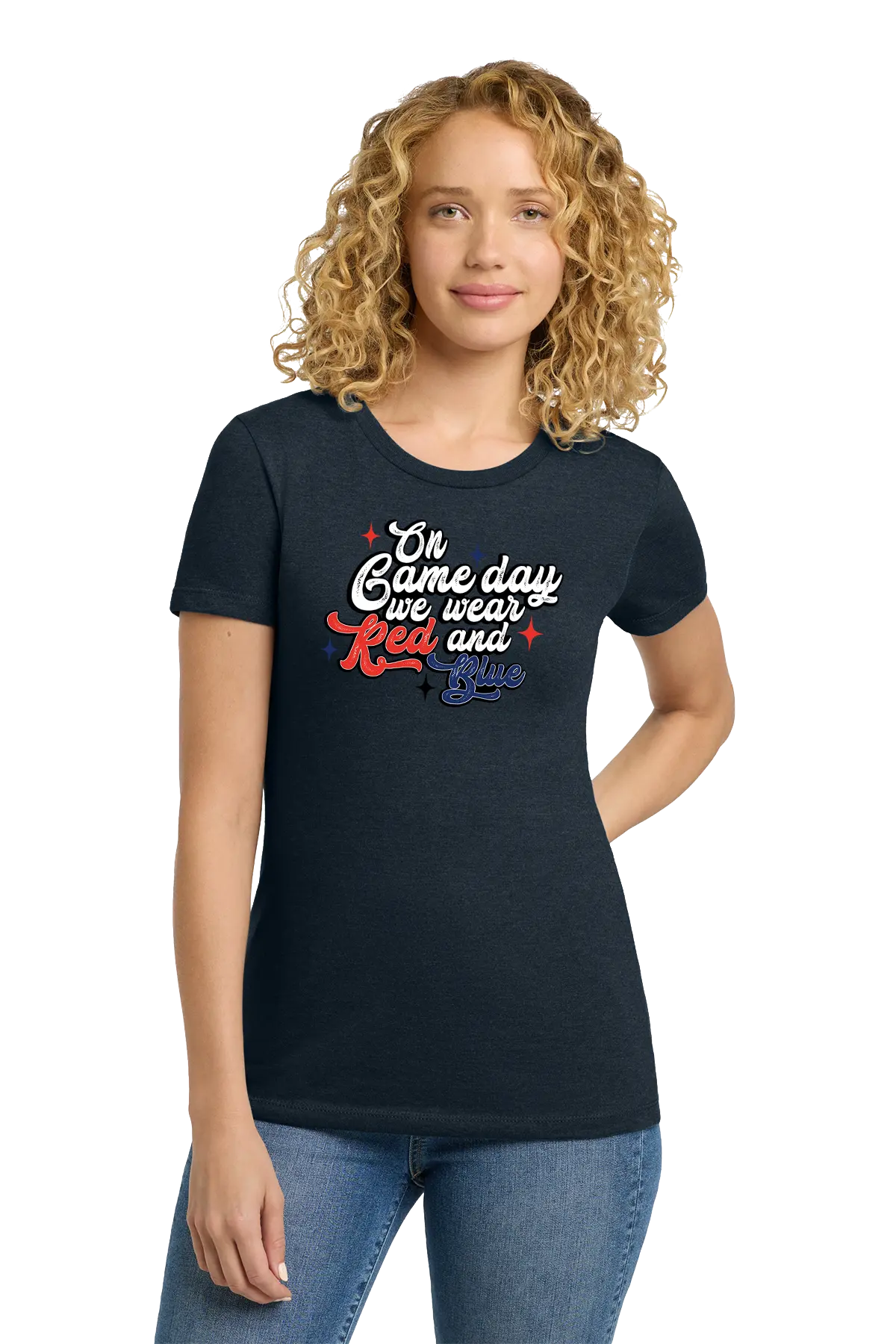 Woman wearing a black t-shirt with colorful text on a white background. Paper Street Print Co, Blairstown, NJ.
