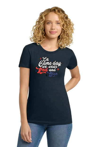 Woman wearing a black t-shirt with colorful text on a white background. Paper Street Print Co, Blairstown, NJ.