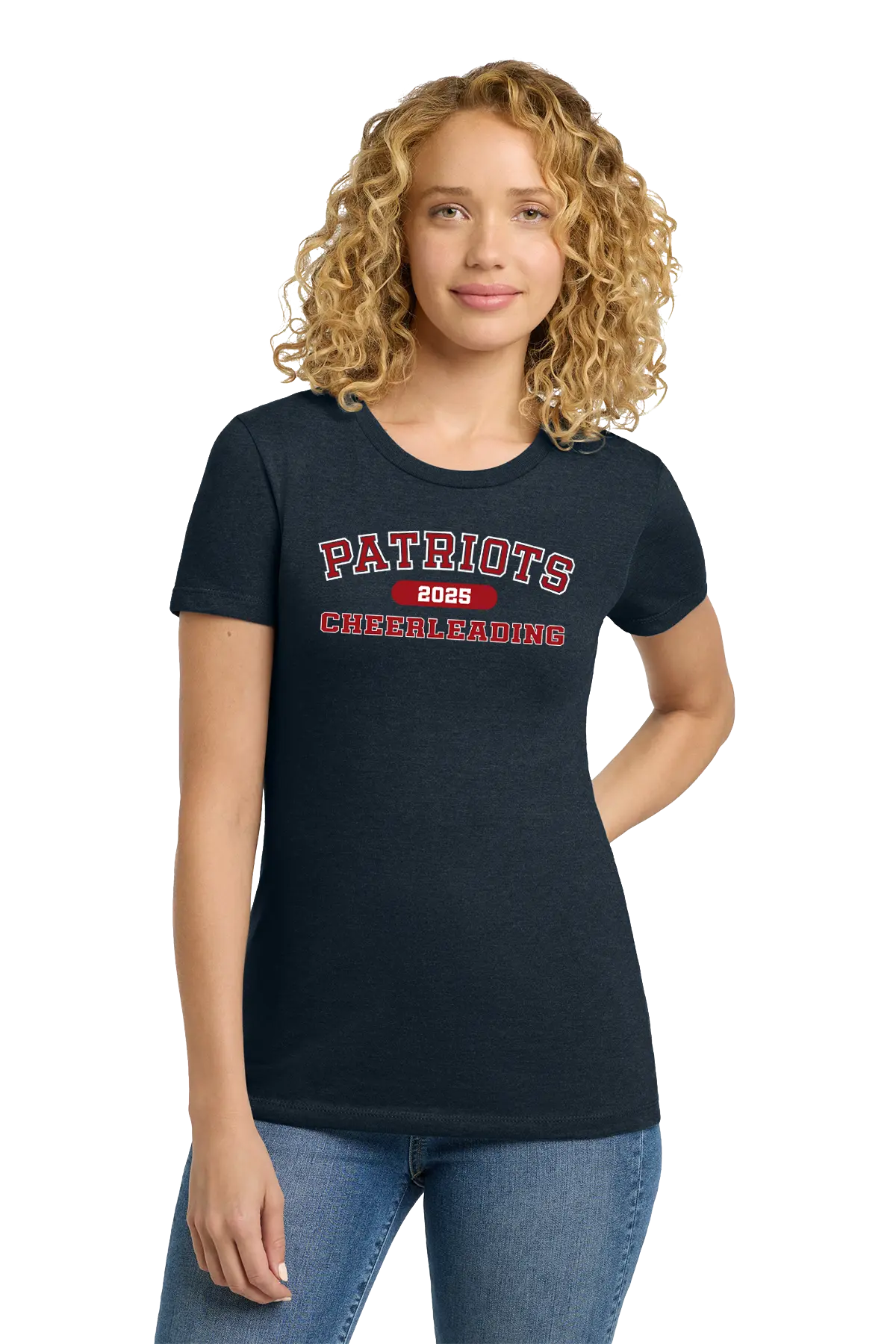 Woman wearing a black t-shirt with 'Patriots Cheerleading' text on a white background. Paper Street Print Co, Blairstown, NJ.