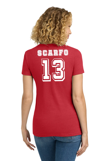 Person wearing a red t-shirt with 'SCARFO 13' printed on the back. Paper Street Print Co, Blairstown, NJ.