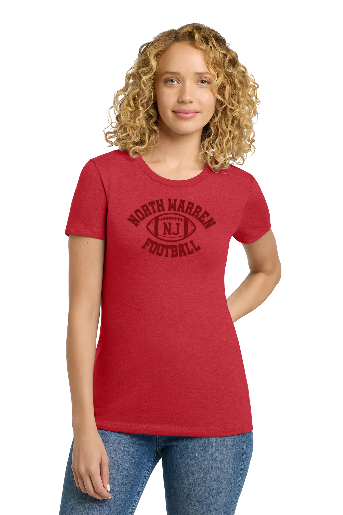 Woman wearing a red t-shirt with 'North Warren NJ Football' text on a white background. Paper Street Print Co, Blairstown, NJ.