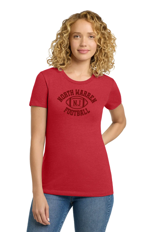 Woman wearing a red t-shirt with 'North Warren NJ Football' text on a white background. Paper Street Print Co, Blairstown, NJ.