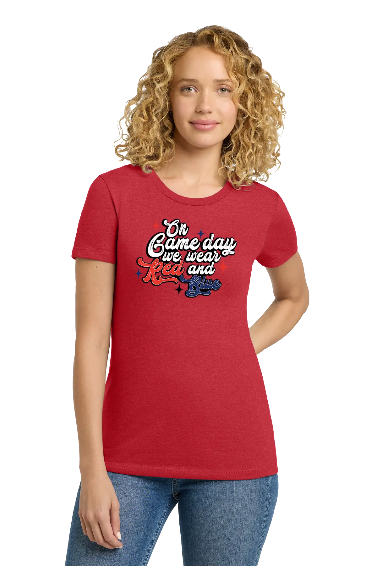 Woman wearing a red t-shirt with text on a white background. Paper Street Print Co, Blairstown, NJ.