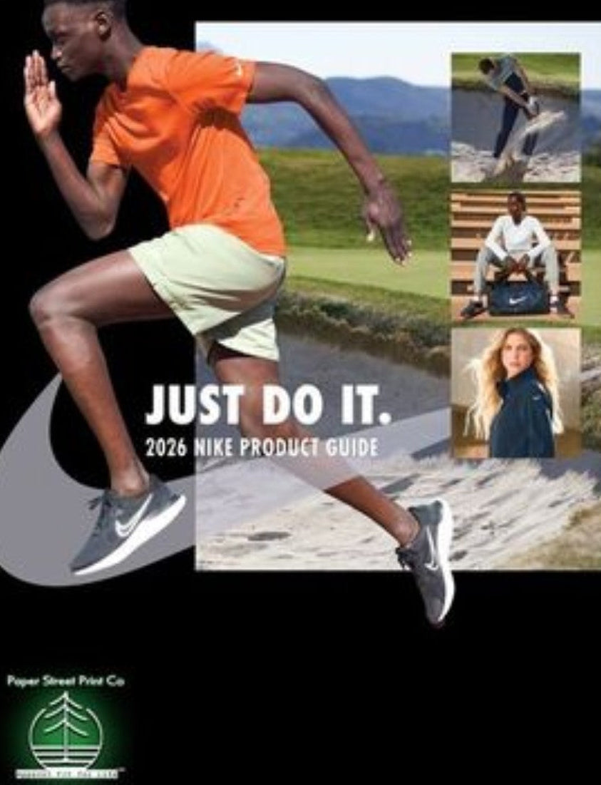 Paper Street Print Co, Blairstown, NJ & Nike Full-Line Product Catalog. 2026 Nike Product Guide with a runner and lifestyle images on a black background