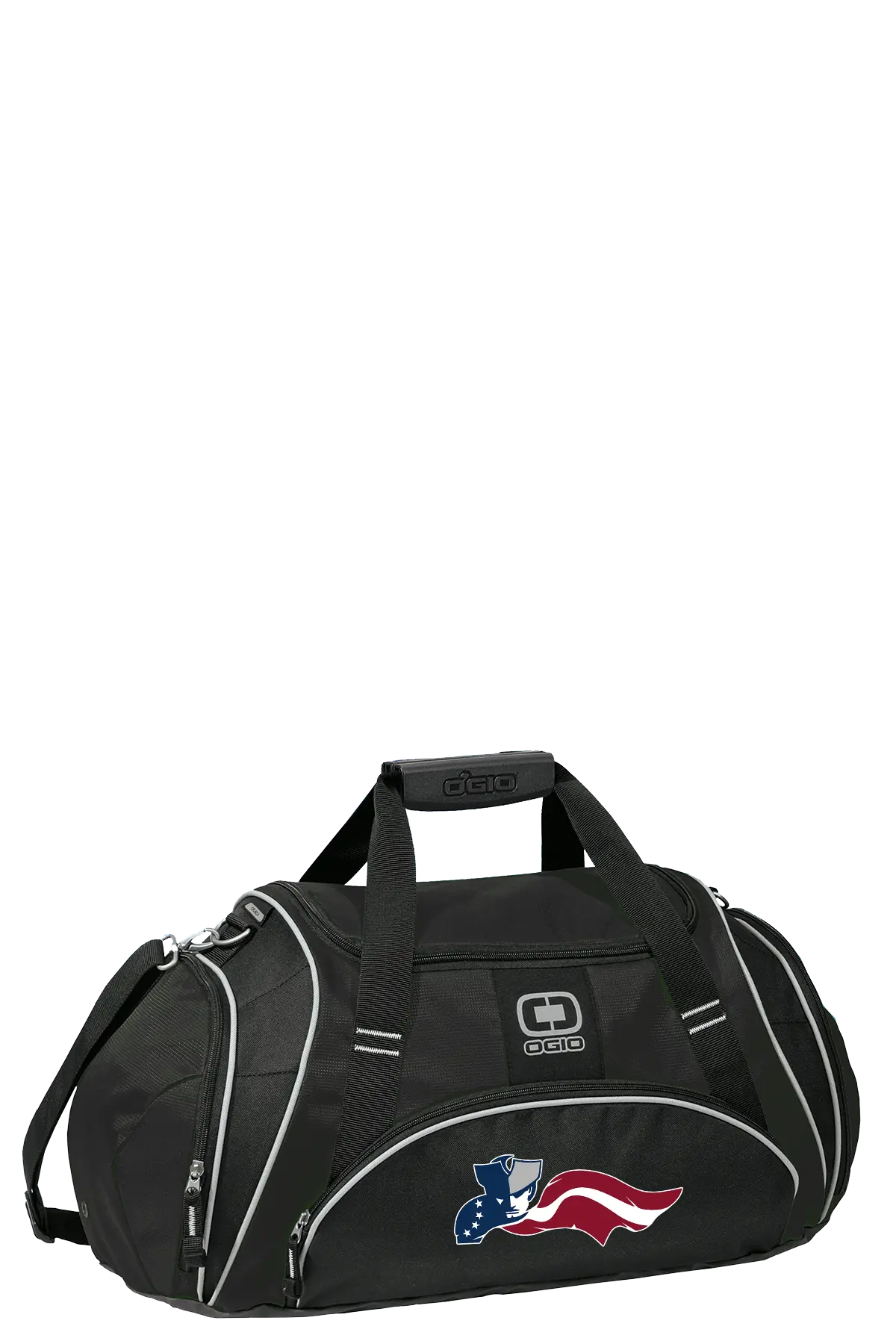 Black duffel bag with American flag design on a white background. Paper Street Print Co, Blairstown, NJ.