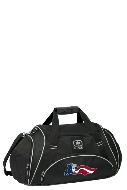 Black duffel bag with American flag design on a white background. Paper Street Print Co, Blairstown, NJ.