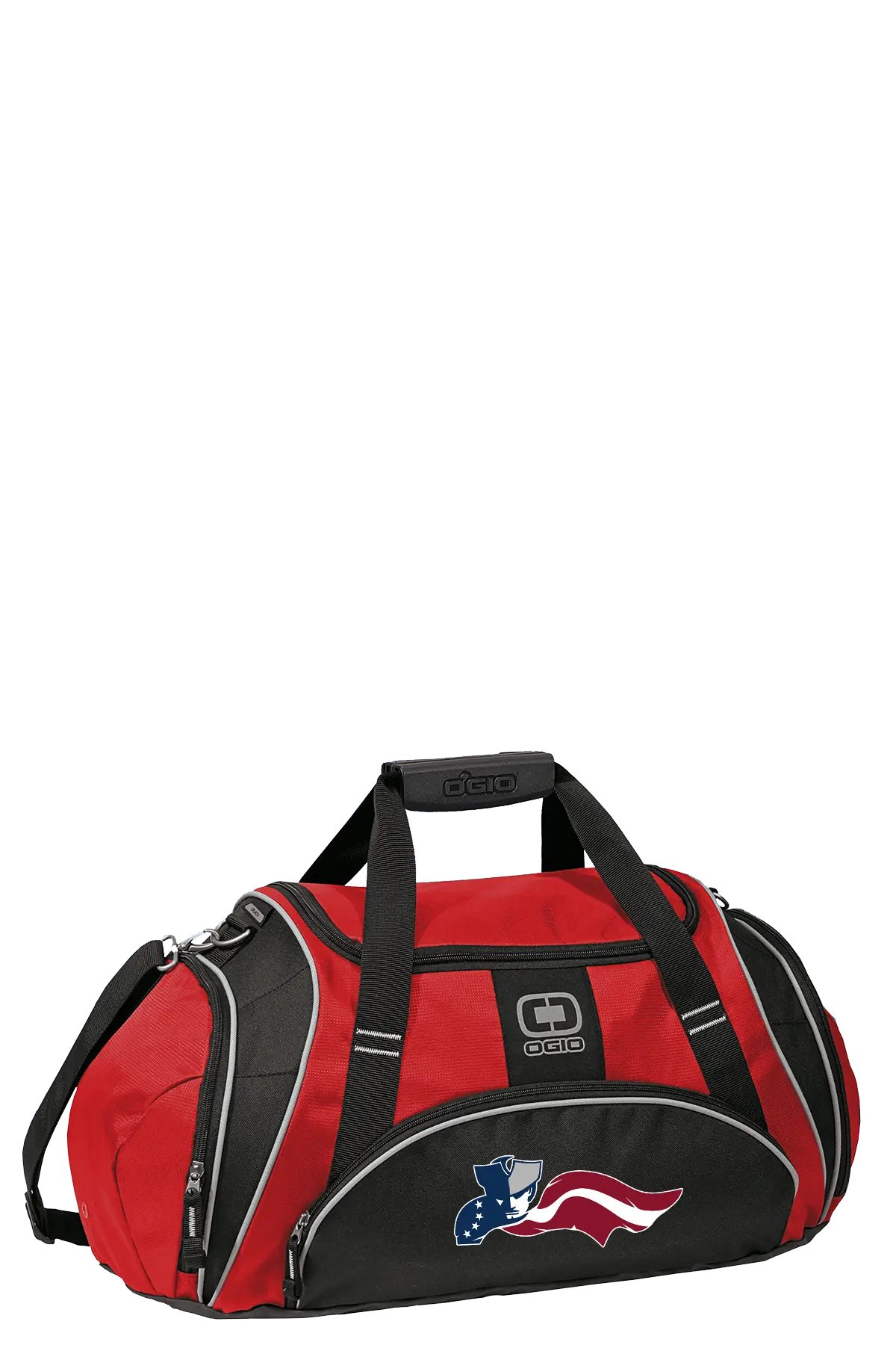 Red and black duffel bag with American flag design on a white background. Paper Street Print Co, Blairstown, NJ.