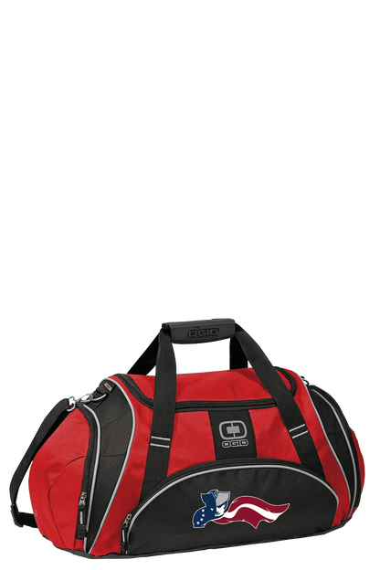 Red and black duffel bag with American flag design on a white background. Paper Street Print Co, Blairstown, NJ.