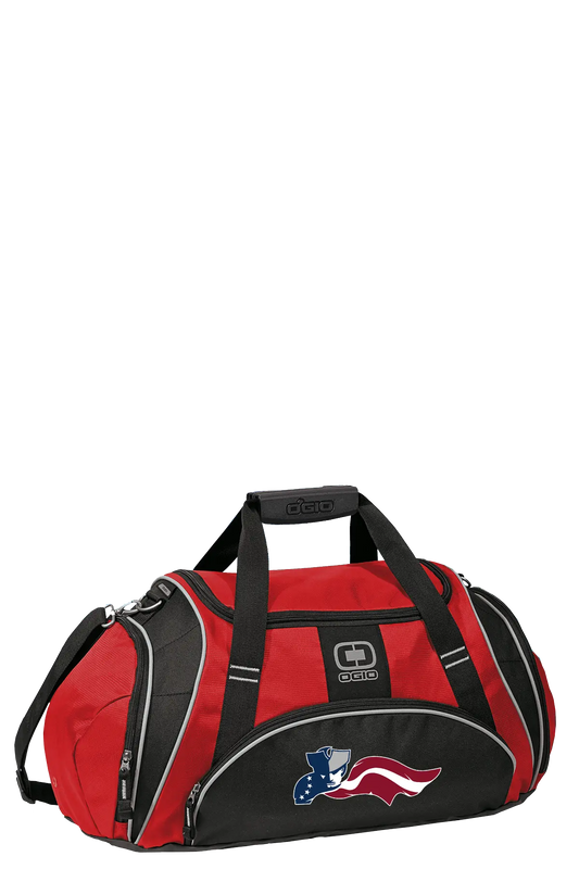 Red and black duffel bag with American flag design on a white background. Paper Street Print Co, Blairstown, NJ.