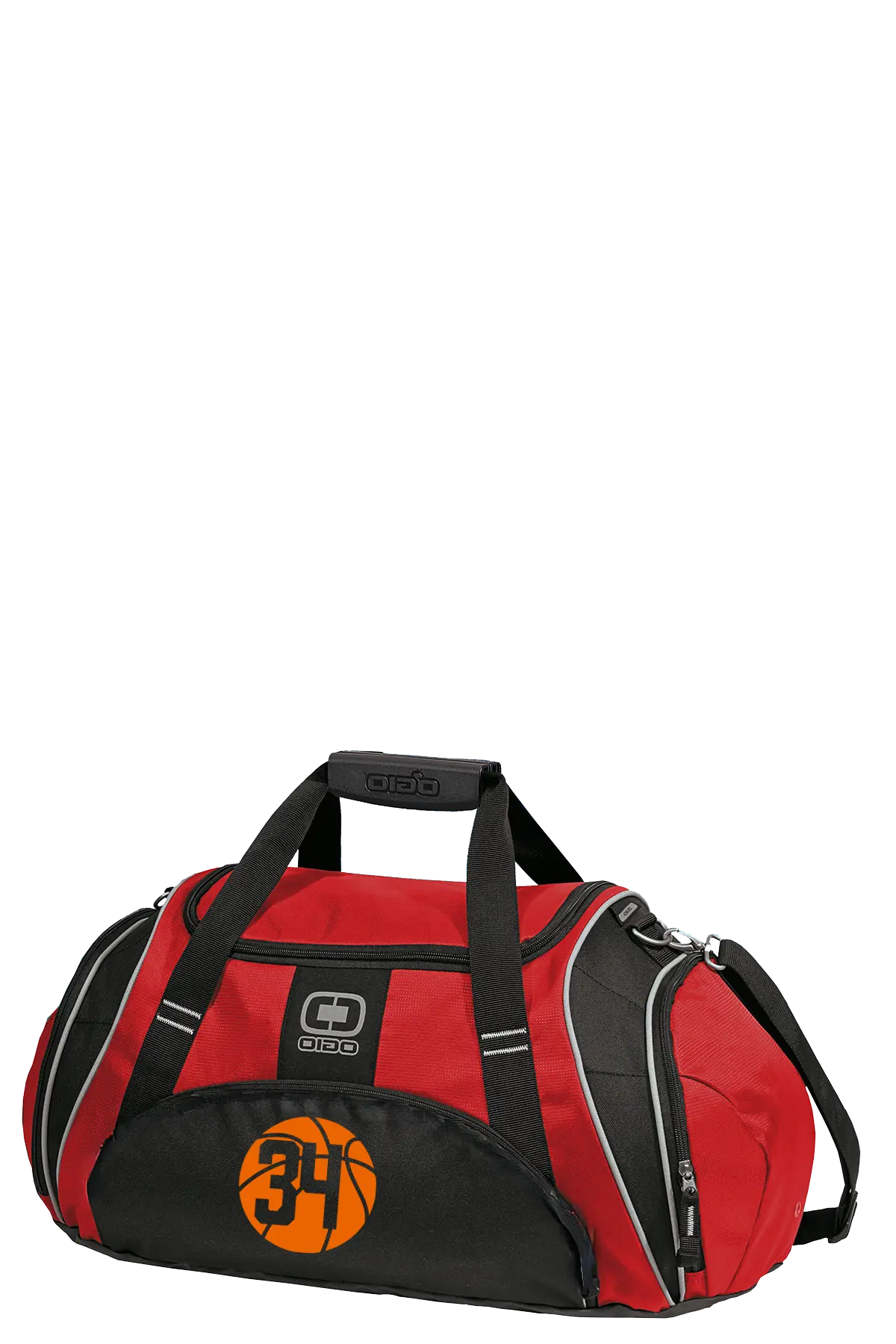 Red and black duffel bag with a logo on a white background. Paper Street Print Co, Blairstown, NJ.