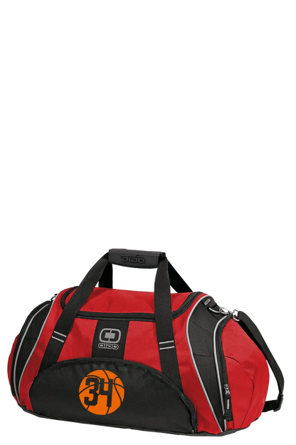 Red and black duffel bag with a logo on a white background. Paper Street Print Co, Blairstown, NJ.