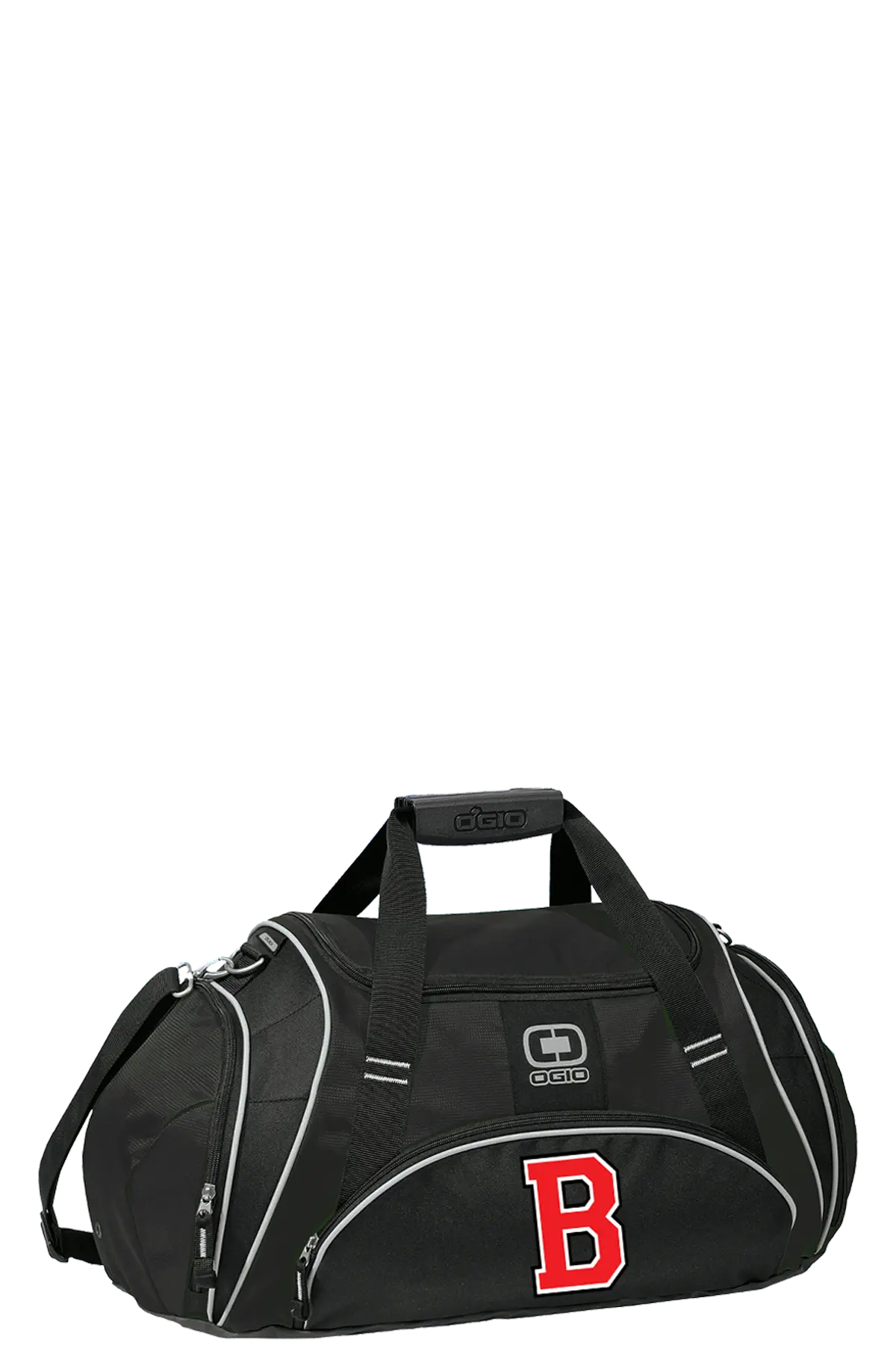 A black OGIO duffel bag with a red Boston University 'B' logo on the front, featuring white piping details and top carry handles, set against a plain white background. Belvidere Lady Seaters Basketball, Paper Street Print Co, Blairstown, NJ.