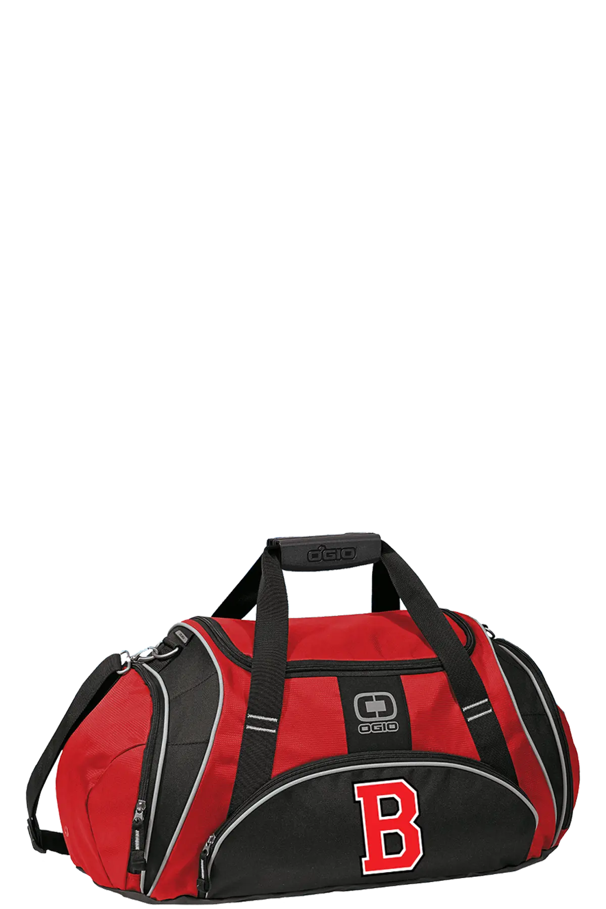 A red and black duffel bag with a large red letter 'B' on the front, a small 'OGIO' logo patch, and black carrying handles, shown on a plain white background. Belvidere Lady Seaters Basketball, Paper Street Print Co, Blairstown, NJ.