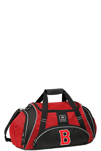 A red and black duffel bag with a large red letter 'B' on the front, a small 'OGIO' logo patch, and black carrying handles, shown on a plain white background. Belvidere Lady Seaters Basketball, Paper Street Print Co, Blairstown, NJ.